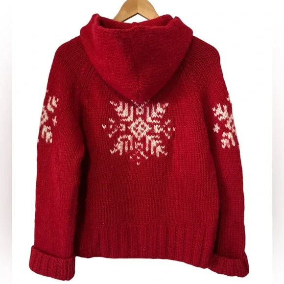 American Eagle Chunky Hand Knit Wool Snowflake Ski Winter Red Hooded Sweater - L - Picture 2 of 8